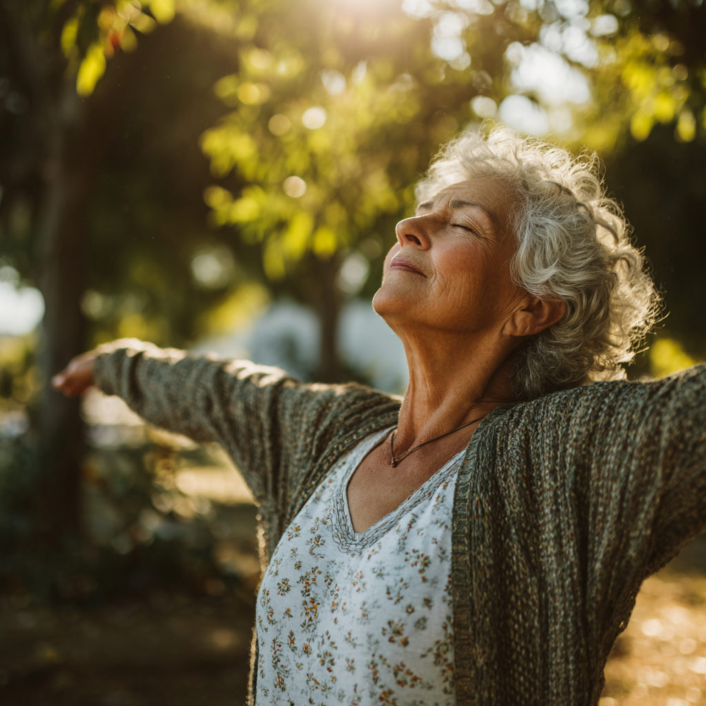 Elderly person doing gentle stretching exercises in natural outdoor setting with trees and sunlight