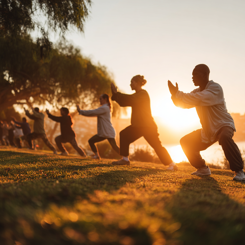 Group of diverse people practicing tai chi movements in peaceful park setting with morning light