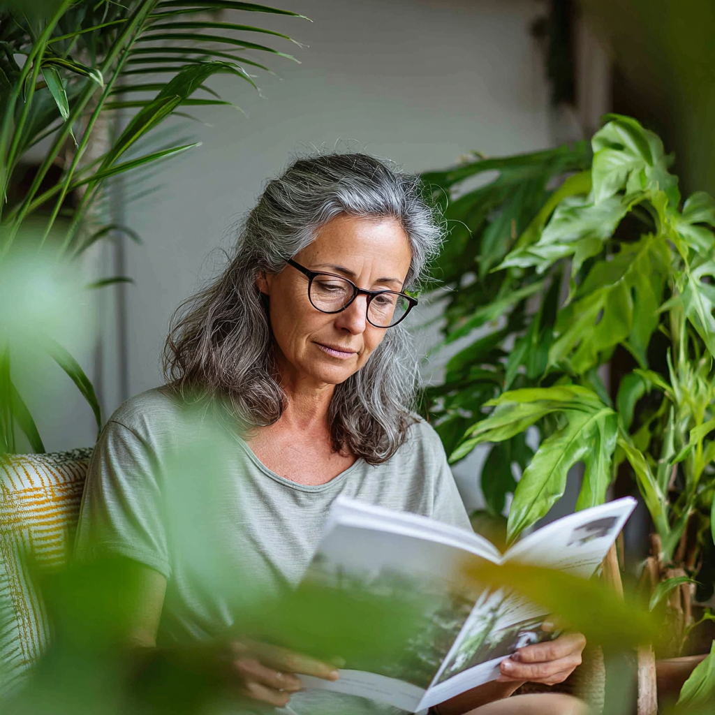 Middle-aged woman reading educational materials about body wellness while sitting in comfortable home environment with plants